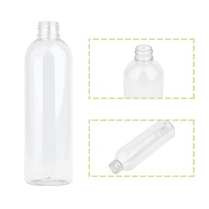 K&ouml;nnte beinhalten: Transparente Kunststoffflasche mit rundem K&ouml;rper und Gewindehals. Das Bild zeigt auch Nahaufnahmen des Flaschenhalses und einer kleineren, &auml;hnlichen Flasche. Die Flaschen sind leer und transparent, geeignet f&uuml;r verschiedene Fl&uuml;ssigkeiten.