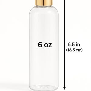 K&ouml;nnte beinhalten: Eine transparente, zylindrische Flasche mit goldfarbenem Deckel. Die Flasche ist mit "6 oz" beschriftet und misst 16,5 cm H&ouml;he und 4,8 cm Breite. Die Flasche ist leer.
