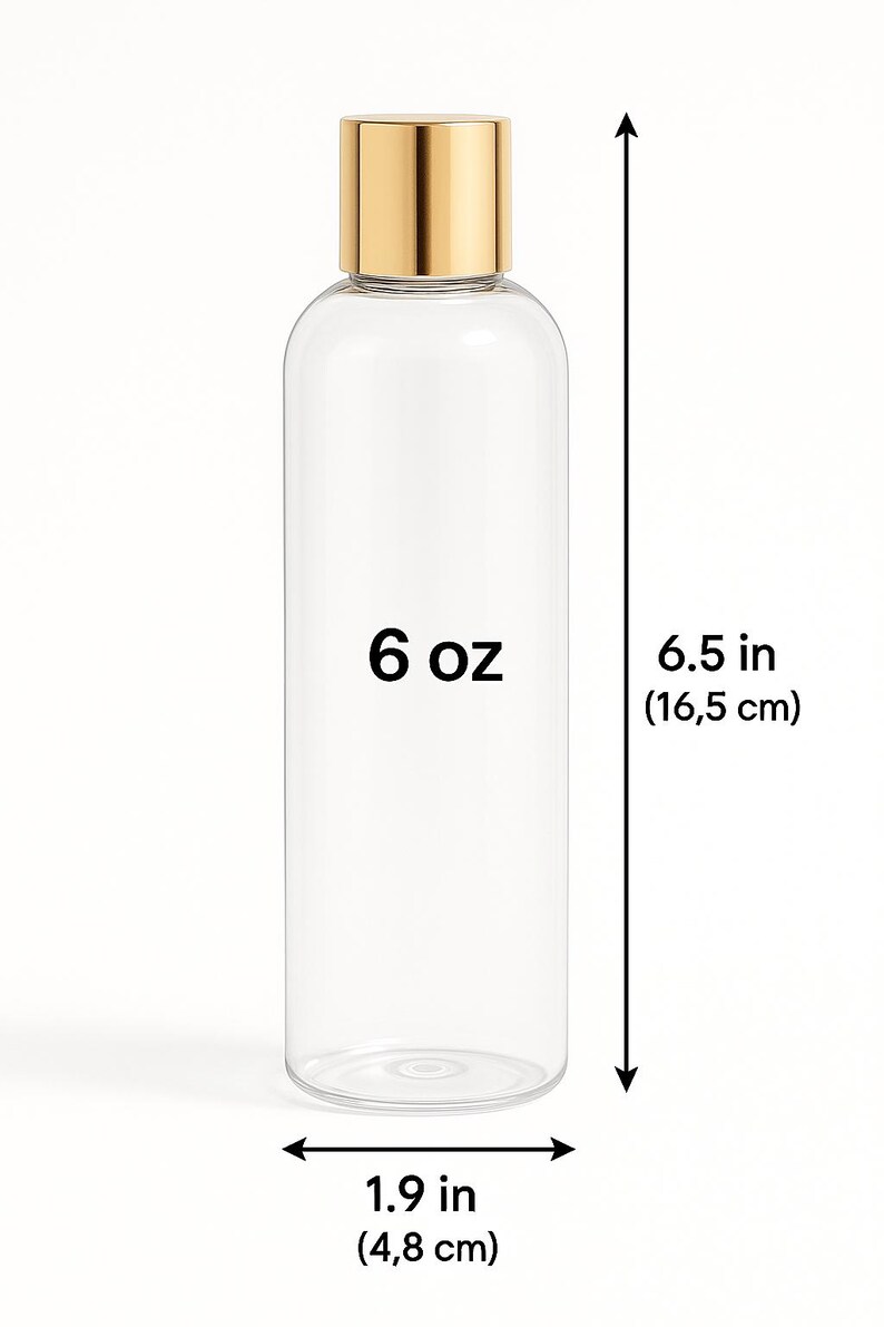 K&ouml;nnte beinhalten: Eine transparente, zylindrische Flasche mit goldfarbenem Deckel. Die Flasche ist mit "6 oz" beschriftet und misst 16,5 cm H&ouml;he und 4,8 cm Breite. Die Flasche ist leer.
