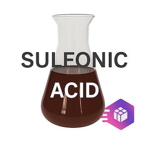 May include: A clear glass Erlenmeyer flask filled with a dark brown liquid. The text "SULFONIC ACID" is displayed in large, bold, black letters above the flask. A purple and pink logo is in the lower right corner.