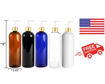 16oz PET Plastic Bottle, Gold Pump Dispenser. Refillable (Bulk)