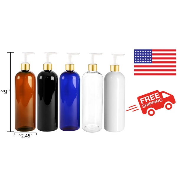 New PET 16 Oz  BPA Free, Plastic Bottle Refillable, Recyclable, Durable, with  Metalized Gold Pump, Durable/Light-weight.