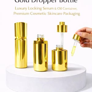 May include: Gold dropper bottles, 60ml, for cosmetic skincare packaging. Features include a luxury finish, lock and twist closure, precision pipette, and leak-resistant design. The bottles are displayed on a white surface.