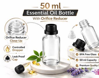 50ml Clear Glass Essential Oil Bottle with Orifice Reducer & Leak Proof Black Cap | Refillable.