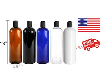 New PET, BPA Free, Plastic 16 Oz ,  Clear, White, Blue, Amber, Black, Durable, Light Weight. Hard, Squeezer, Cosmo Bottle /  Black Disc cap