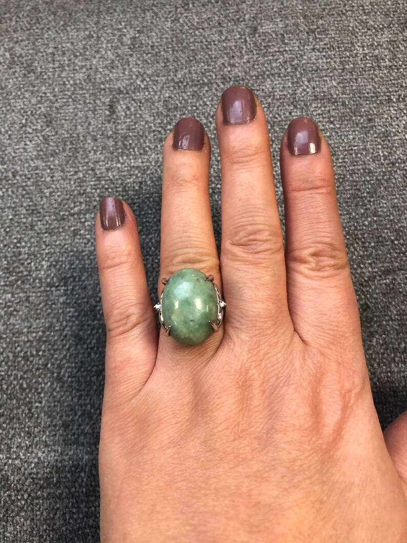 Natural Gray Jadeite Tiny Diamond Sterling Sliver Ring
