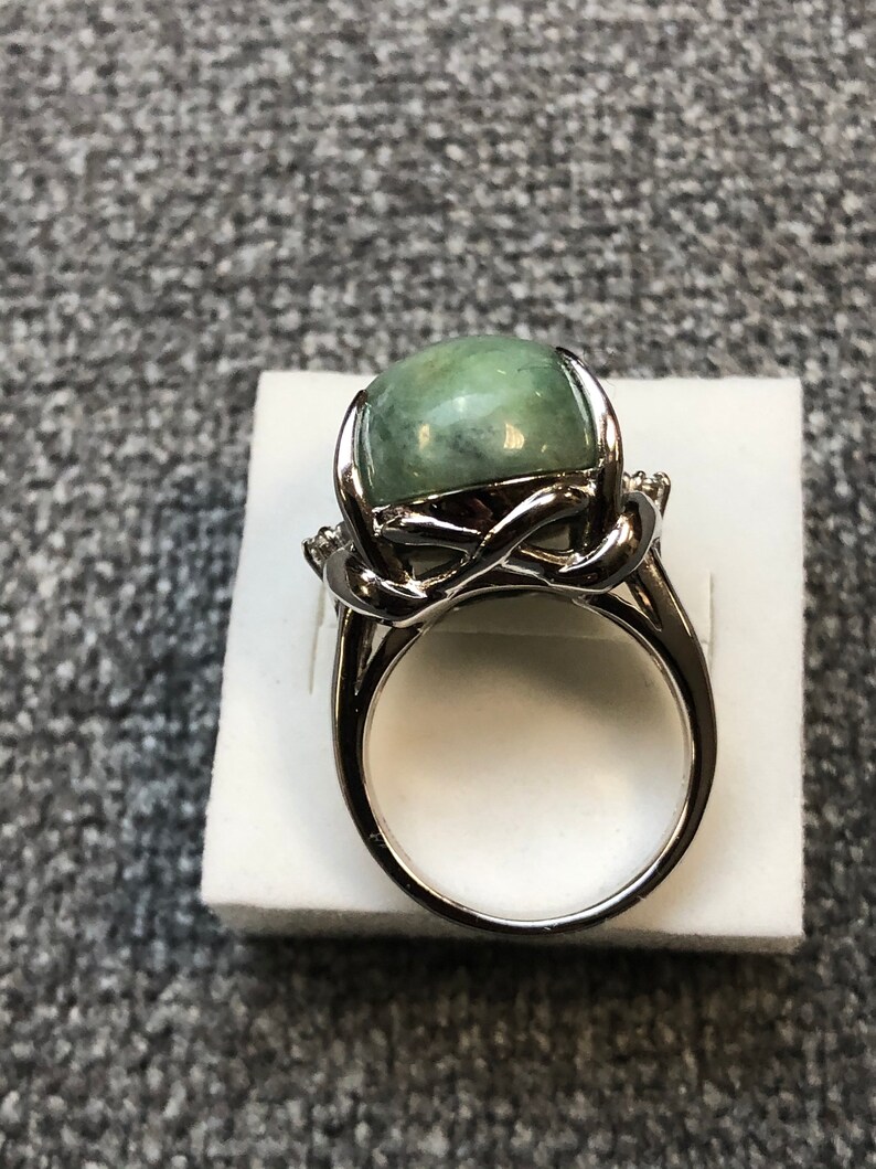 Natural Gray Jadeite Tiny Diamond Sterling Sliver Ring