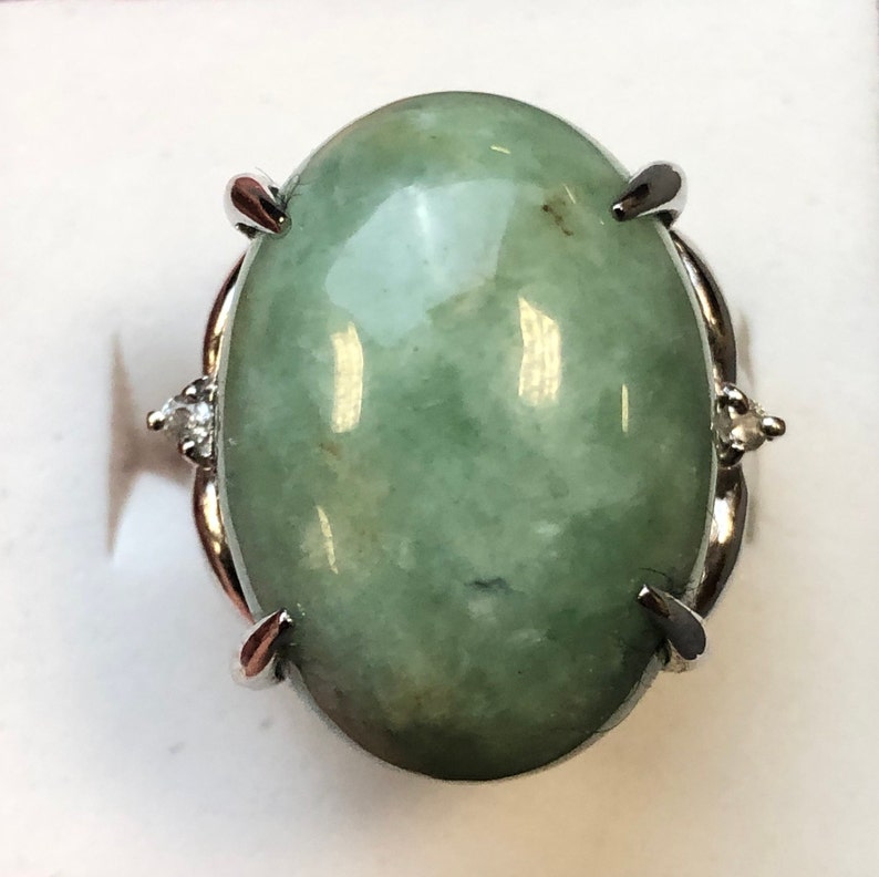 Natural Gray Jadeite Tiny Diamond Sterling Sliver Ring
