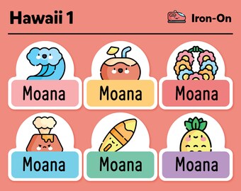 アイロン接着ラベル - アイロン接着衣類ラベル - 布ラベル - 衣類ラベル - デイケアラベル - 子供用名前ラベル - ハワイパック #1 - 48枚セット
