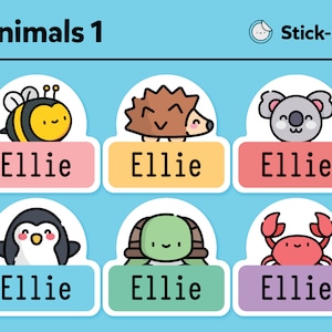 Niedliche spülmaschinenfeste Etiketten - niedliche Etiketten - wasserfeste Etiketten - niedliche Kinder-Namensetiketten - Tierpackung #1 - 48 Stück