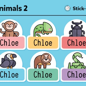 May include: Six colourful stickers featuring various animals, each with the name "Chloe" printed on a white background. The animals include a monkey, chameleon, beetle, toucan, sloth, and snake.