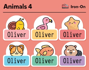 Etiquetas termoadhesivas - Etiquetas termoadhesivas para ropa - Etiquetas de tela - Etiquetas para ropa - Etiquetas para guardería - Etiquetas con nombres para niños - Paquete de animales n.° 4 - Juego de 48