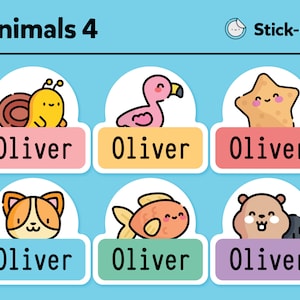 May include: Six colorful stickers with cartoon animals and the name "Oliver" printed on each. The animals are a snail, flamingo, starfish, cat, fish, and a bear.
