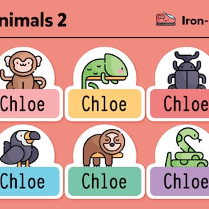 May include: Six iron-on labels featuring different animals, each with the name "Chloe" printed below. The animals include a monkey, chameleon, beetle, toucan, sloth, and snake. The labels are designed for clothing or other fabric items.