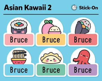 Niedliche spülmaschinenfeste Etiketten - niedliche Etiketten für die Kindertagespflege - süße wasserfeste Etiketten - süße Kinder-Namensetiketten - asiatisches Kawaii Pack #2 - 48 Etiketten