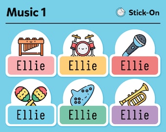 Etichette graziose lavabili in lavastoviglie - Etichette graziose per asili nido - Etichette graziose impermeabili - Etichette graziose con i nomi dei bambini - Confezione di strumenti musicali n. 1 - Set da 48