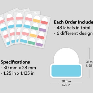 May include: A set of 48 round labels in six different colors. Each label is 1.25 inches in diameter and features a rounded rectangle shape with a white background and a colored border. The labels are perfect for organizing and labeling items.