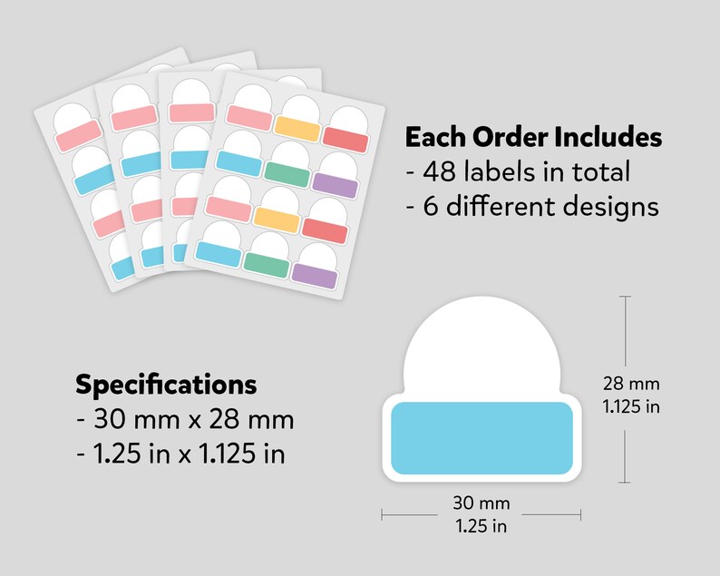May include: A set of 48 round labels in six different colors. Each label is 1.25 inches in diameter and features a rounded rectangle shape with a white background and a colored border. The labels are perfect for organizing and labeling items.