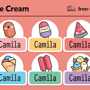 May include: Six colourful iron-on patches featuring different ice cream designs. Each patch has the name "Camila" printed on a separate label below the image.