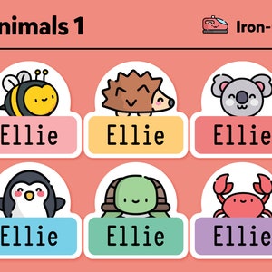 May include: Six iron-on labels with different animal designs. Each label has the name "Ellie" printed on it. The animals are a bee, a hedgehog, a koala, a penguin, a turtle, and a crab.