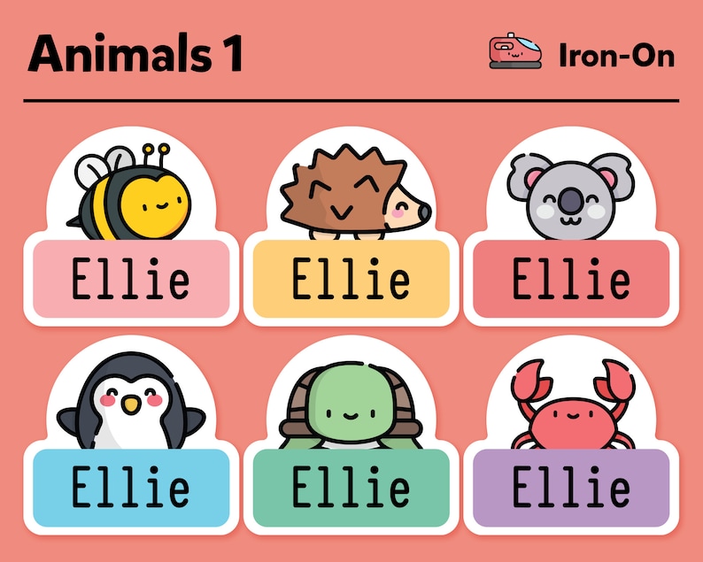 May include: Six iron-on labels with different animal designs. Each label has the name "Ellie" printed on it. The animals are a bee, a hedgehog, a koala, a penguin, a turtle, and a crab.