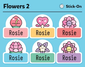 Etichette graziose lavabili in lavastoviglie - Etichette graziose per asili nido - Etichette graziose impermeabili - Etichette graziose con nome per bambini - Confezione da 2 fiori - Set da 48