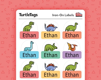 Iron-on Fabric Labels - Iron on Clothing Labels - Kids Clothing Labels - Custom Clothing Labels - Laundry Safe Labels - Dinosaurs Theme