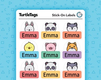 May include: A sheet of colorful, stick-on labels featuring various animal illustrations. Each label has the name "Emma" printed on it. The labels are designed for personalizing items.