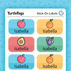 Etiquetas para guardería - Aptas para lavavajillas - Etiquetas personalizadas con nombre para guardería - Etiquetas para útiles escolares - Supergrandes - Tema de frutas