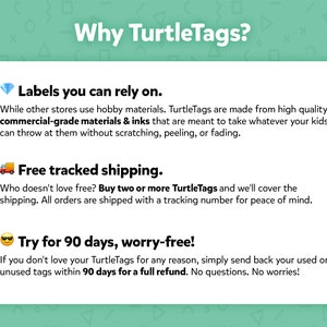 May include: A graphic with a blue diamond, a red truck, and a yellow smiley face. The text reads "Why TurtleTags?"  "Labels you can rely on." "Free tracked shipping." "Try for 90 days, worry-free!"