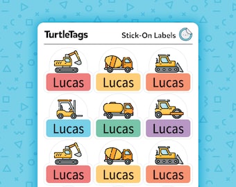 May include: Nine colorful construction vehicle themed name labels with the name "Lucas" printed on each label. The labels are designed for kids and feature a variety of construction vehicles including a bulldozer, cement mixer, excavator, forklift, dump truck, and a road roller.