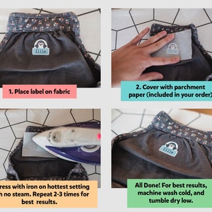 May include: Instructions for applying an iron-on name label to fabric. The label features a penguin design and the name "Ellie". The steps include placing the label on the fabric, covering it with parchment paper, and pressing with a hot iron.