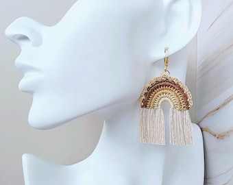 Micro Crochet Rainbow Earrings, 18k Gold Plated Hooks, Boho Tassel Jewelry