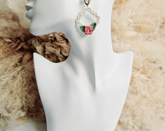 Elegant Crochet Rose Earrings, Vintage Floral, 18k Gold Plated