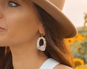 Crochet Rose Earrings, Vintage Style Floral Huggies, Gold Plated