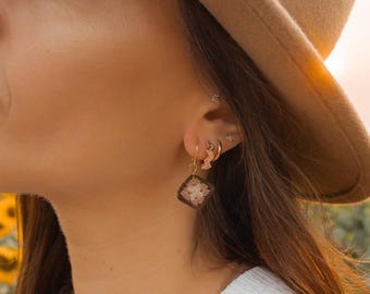 Handmade Micro Crochet Granny Square Huggie Earrings, 18k Gold Plated