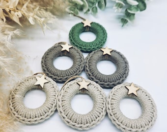 Chrochet Christmas Tree Ornament Pack, Mini Wreath for Christmas Tree, Christmas, Rustic Tree Decor, Xmas Decorations, Neutral Decorations