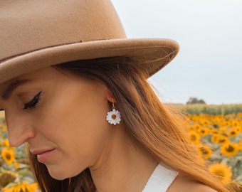 Handmade Micro Crochet Daisy Earrings, 18k Gold Plated Hooks
