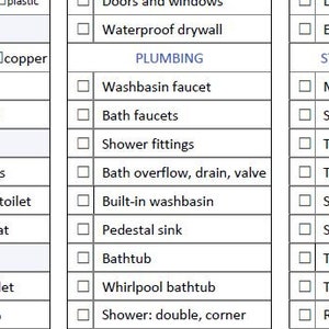 May include: A checklist for bathroom renovations, with categories for plumbing, storage, and electrical. The checklist includes items like a bathtub, shower fittings, towel bar, and electrical toilet seat.