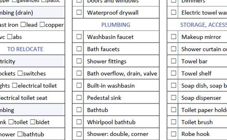 May include: A checklist for bathroom renovations, with categories for plumbing, storage, and electrical. The checklist includes items like a bathtub, shower fittings, towel bar, and electrical toilet seat.