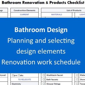 May include: A blue checklist for planning and selecting bathroom design elements and renovation work schedule. The checklist includes sections for plans and drawings, construction elements, materials, and lighting/electricity.