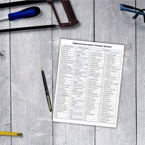 May include: A checklist for bathroom renovation projects, with categories for plumbing, fixtures, lighting, and more. The checklist is printed on white paper and is surrounded by tools, including a hammer, a saw, a tape measure, a pen, safety glasses, and work gloves.