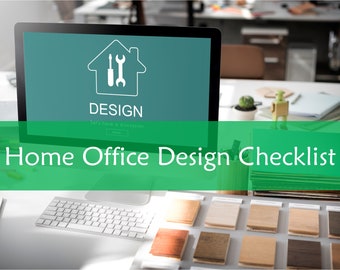 May include: A computer monitor displaying a website with a home design icon and the text "DESIGN Let's have a difference". The text "Home Office Design Checklist" is displayed on a green banner in front of the monitor. A keyboard, a tablet, and a stack of wood samples are on the desk.