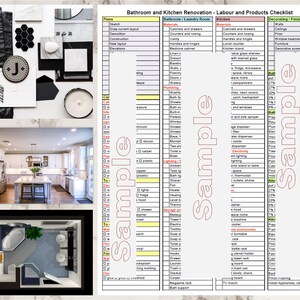 May include: A checklist for bathroom and kitchen renovation projects. The checklist includes materials, decorating, and finishing details. The checklist is divided into three sections: Bathroom/Laundry Room, Kitchen, and Decorating/Finishing. The checklist includes items such as cabinets, counters, flooring, lighting, plumbing, and electrical.