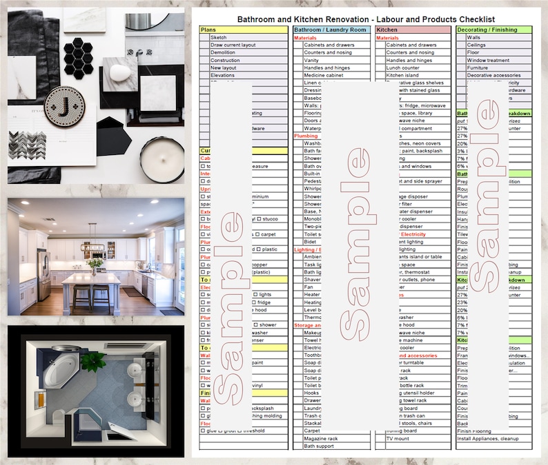 May include: A checklist for bathroom and kitchen renovation projects. The checklist includes materials, decorating, and finishing details. The checklist is divided into three sections: Bathroom/Laundry Room, Kitchen, and Decorating/Finishing. The checklist includes items such as cabinets, counters, flooring, lighting, plumbing, and electrical.