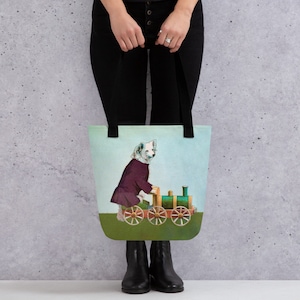 Dog on Train Tote Bag  | Cute Dog Tote Bag | Dog Bag | Image from Victorian Era Magic Lantern Slide |