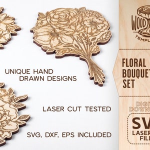 Puede incluir: Un conjunto de tres dise&ntilde;os de ramos florales cortados con l&aacute;ser. Los ramos est&aacute;n dibujados a mano y vienen en formatos SVG, DXF y EPS. Los dise&ntilde;os son perfectos para crear una decoraci&oacute;n &uacute;nica para el hogar, regalos u objetos artesanales.