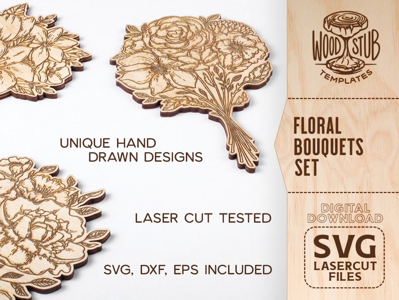 Puede incluir: Un conjunto de tres dise&ntilde;os de ramos florales cortados con l&aacute;ser. Los ramos est&aacute;n dibujados a mano y vienen en formatos SVG, DXF y EPS. Los dise&ntilde;os son perfectos para crear una decoraci&oacute;n &uacute;nica para el hogar, regalos u objetos artesanales.