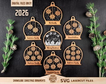 Adorno familiar SVG, Bola de nieve navideña, Adornos navideños SVG, Archivo láser navideño, Glowforge navideño, Adornos SVG