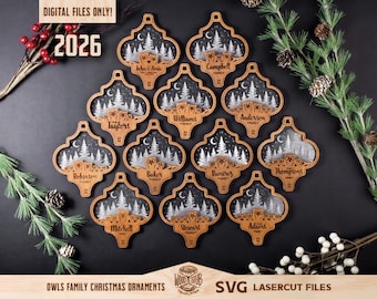 May include: A collection of twelve wooden, quatrefoil-shaped Christmas ornaments featuring a laser-cut forest scene with owls, a crescent moon, and personalized family names. The text includes "DIGITAL FILES ONLY!", "2026", and "OWLS FAMILY CHRISTMAS ORNAMENTS SVG LASERCUT FILES".